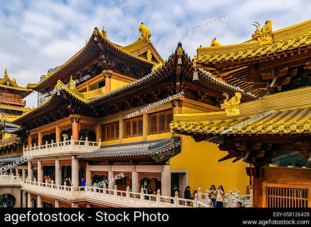 SHANGHAI, CHINA, JANUARY - 2019 - Ancient jingan buddhist temple building at shanghai city, china