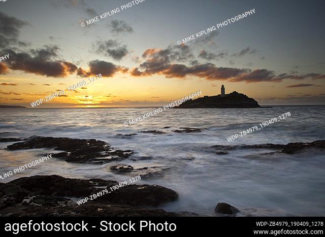 High Tide at Sunset, Godrevy Point and Lighthouse, St Ives Bay, North Cornwall