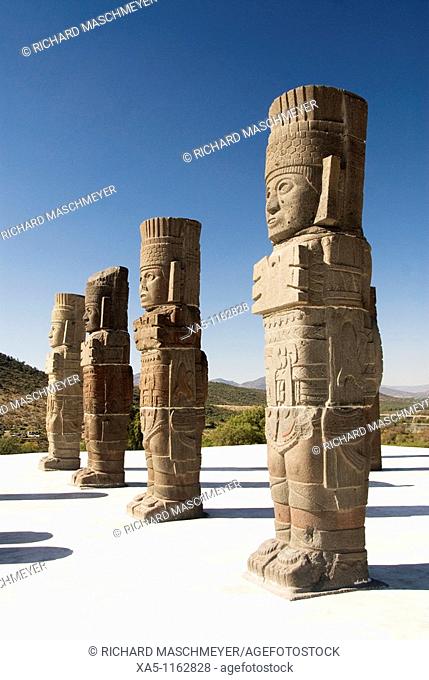 Temple of Quetzalcoatl, Atlantes warrior statue, Archaeological Zone of Tula the probable capital of the Toltec civilization, Tula de Allende, Hidalgo, Mexico
