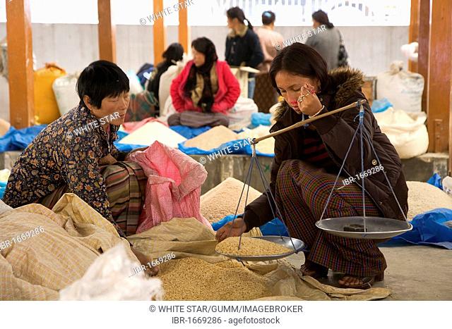 Rice seller, market in the capital city, Thimphu, Bhutan, Kingdom of Bhutan, South Asia
