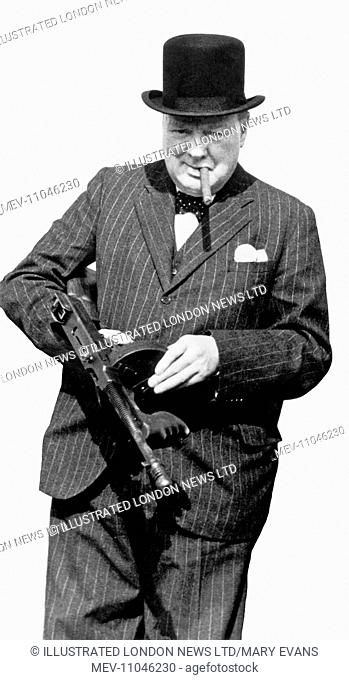Winston Churchill (1874-1965) - pictured holding a Sub-Machine Gun