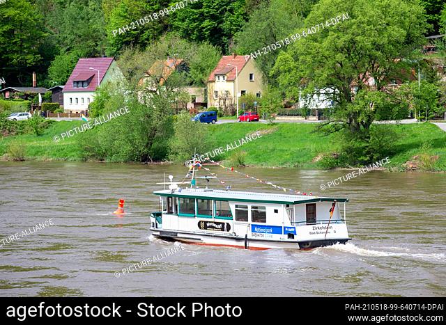 17 May 2021, Saxony, Schöna: An empty ferry of the National Park Line sails along the Elbe near Schöna not far from the town of Bad Schandau