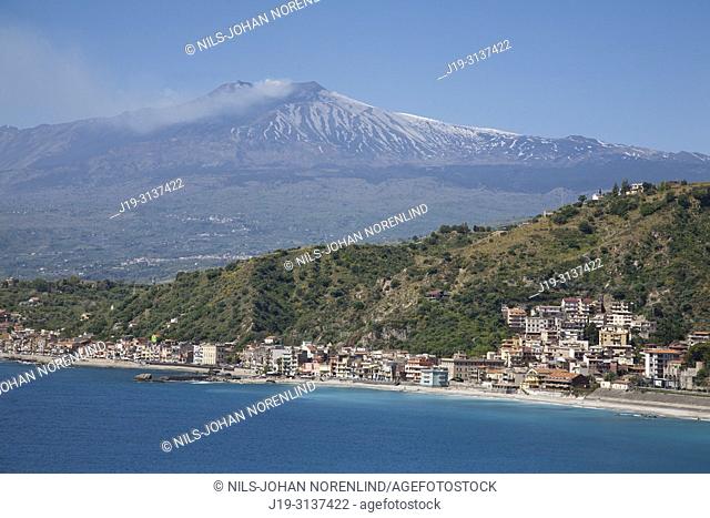 View of Naxos and the vulcano Etna, from Taormina, Sicily