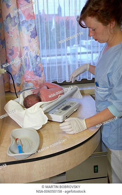 new born baby being weighed