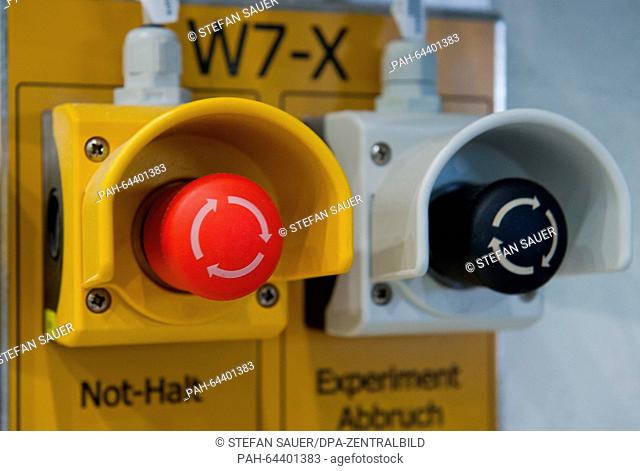 A switch reads 'W7-X Not-Halt' at the 'Wendelstein 7-X' nuclear fusion research centre at the Max-Planck-Institut for Plasma Physics (IPP) in Greifswald