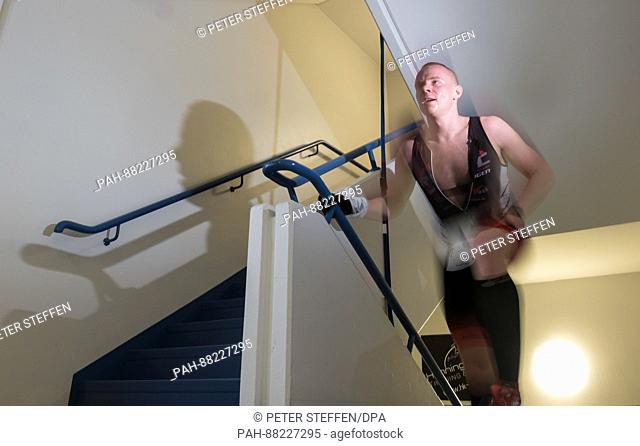 Contestants running in a stairwell in Hanover, Germany, 18 February 2017. The contestants have to run up and down the stairs of a thirteen storey building in...