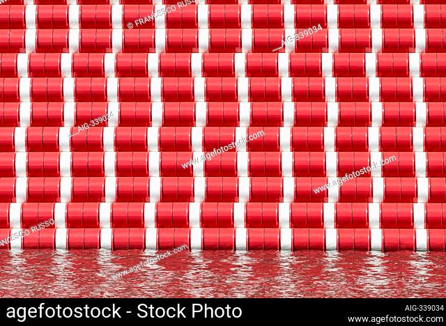 The London Mastaba by Christo and Jeanne-Claude is a temporary sculpture in Hyde Park comprised of horizontally stacked barrels on a floating platform in...