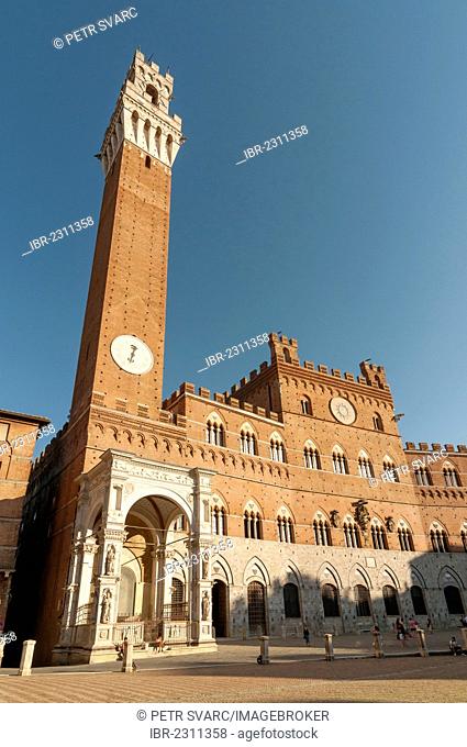 Palazzo Pubblico, Town Hall, with Torre del Mangia at Piazza del Campo, Siena, Tuscany, Italy, Europa