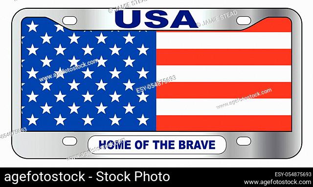 USA spoof state license plate in the colors of the Stars and Stripes flag over a white background with the legend HOME OF THE BRAVE