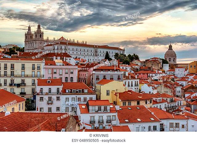 Lisbon, Portugal: aerial view the old town, Alfama at sunrise