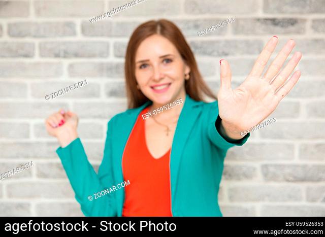 emotions girl with long dark hair, hands outstretched palms open