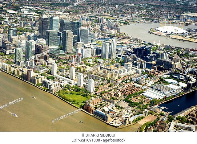 England, London, River Thames. Aerial view of the Docklands and Canary Wharf