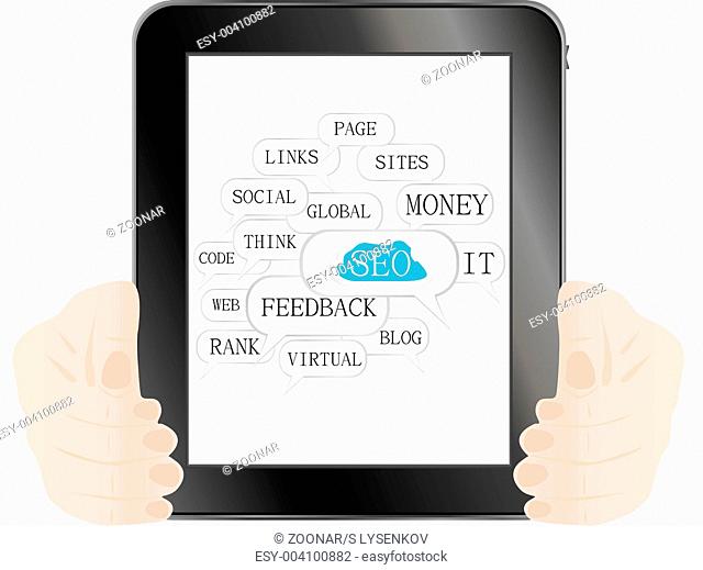 tablet pc with SEO sign and tags on optimization