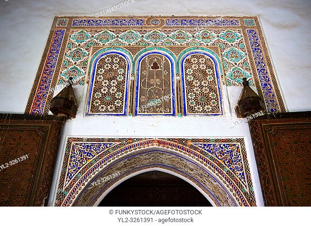 Berber arabesque Mocarabe plasterwork door surrounds. The Petite Court, Bahia Palace, Marrakesh, Morroco
