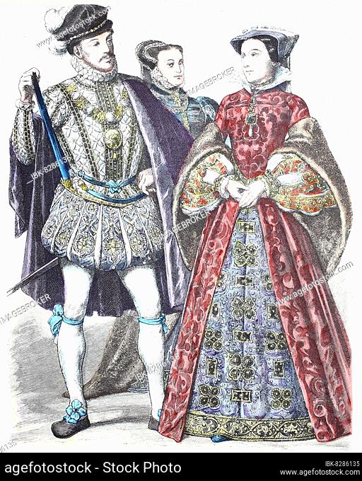 Folk traditional costume, clothing, history of costumes, Lord Darnley, Marchioness of Dorset, Mary of Scotland, England, 16th century