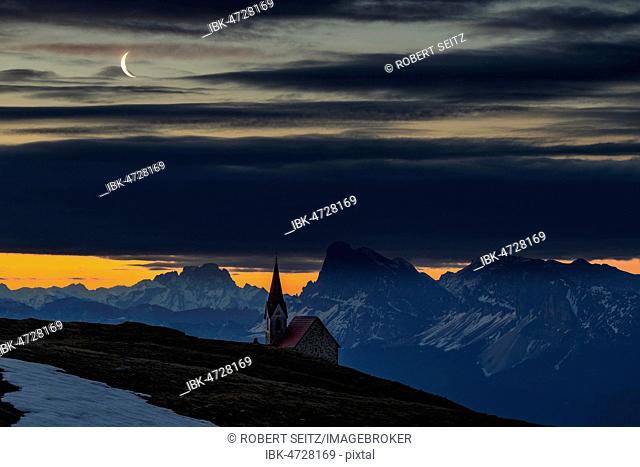 Latzfonser Kreuz Chapel at the Blue Hour with Crescent and South Tyrolean mountains, Sarentino Alps, San Martino, Sarntal, South Tyrol, Italy