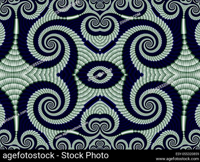 Symmetrical Pattern from Spiral fractal. Gray and blue palette. Computer generated graphics