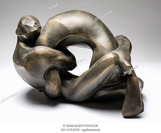 Wrestlers, patinated plaster sculpture 1958 by French sculptor Jean Henninger