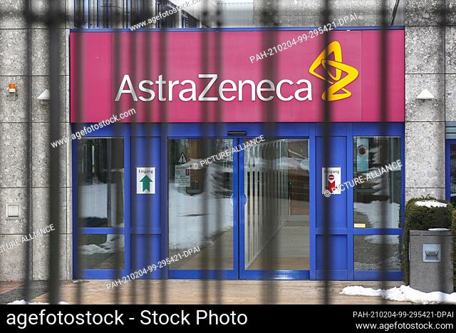 02 February 2021, Schleswig-Holstein, Wedel: The logo with the lettering of the pharmaceutical company AstraZeneca can be seen at the German headquarters of the...