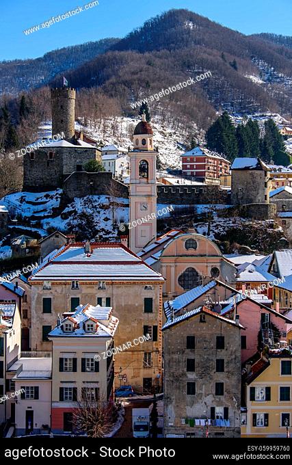 Winter view of ligurian village of Campo Ligure, registered to