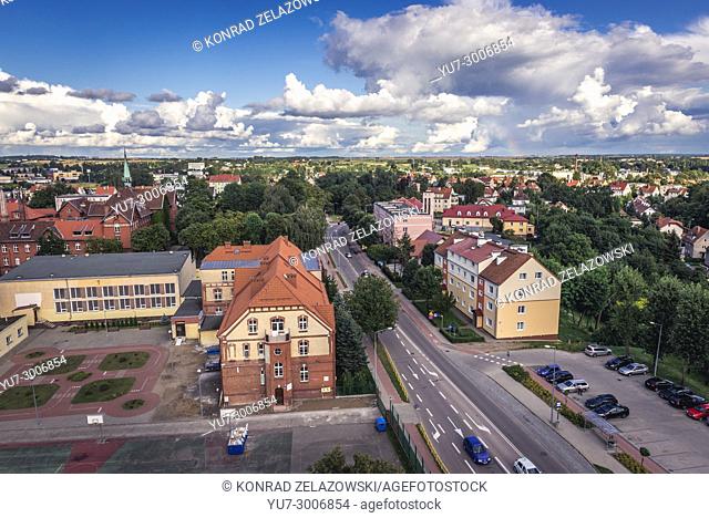 Aerial view from old water tower in Gizycko town in Warmian-Masurian Voivodeship of Poland. View with hospital and school buildings