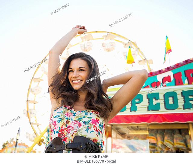 Caucasian woman enjoying carnival