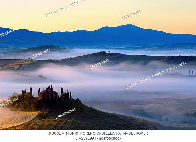 The Belvedere at dawn, morning fog, San Quirico d'Orcia, Val d'Orcia, Orcia Valley, UNESCO World Heritage Site, Siena Province, Tuscany, Italy, Europe