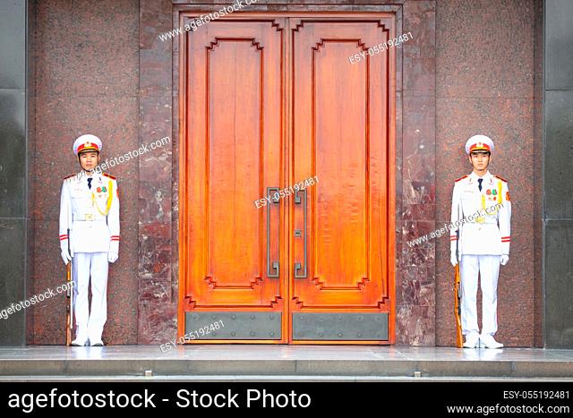 HANOI, VIETNAM - SEPTEMBER 19, 2018: Honor guard at the Ho Chi Minh Mausoleum on the Ba Dinh Square in Hanoi, Vietnam