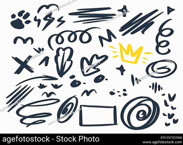 Abstract hand drawn vector scribbles, symbols set. Geometric shapes pack. Yellow crown marker sketch. Circles, triangles doodles collection