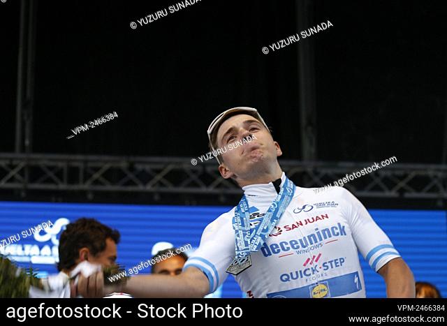 Belgian Remco Evenepoel of Deceuninck - Quick-Step, Leader of the General Classification celebrates on the podium of the fifth stage of the Tour of San Juan...