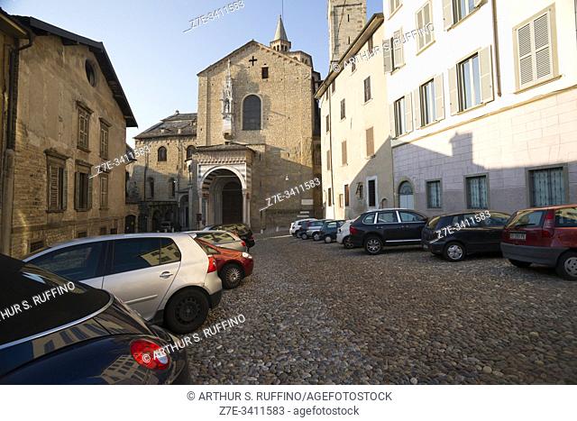 White-lion, southern portal arch. Basilica of Santa Maria Maggiore, Upper City (Città Alta). Bergamo, Lombardy, Italy, Europe