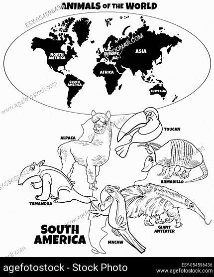 Black and White Educational Cartoon Illustration of South American Animals and World Map with Continents Coloring Book Page