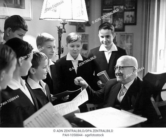 German choral conductor Rudolf Mauersberger rehearses with boys of the Dresden Kreuzchor choir in Dresden, GDR, 27 January 1964