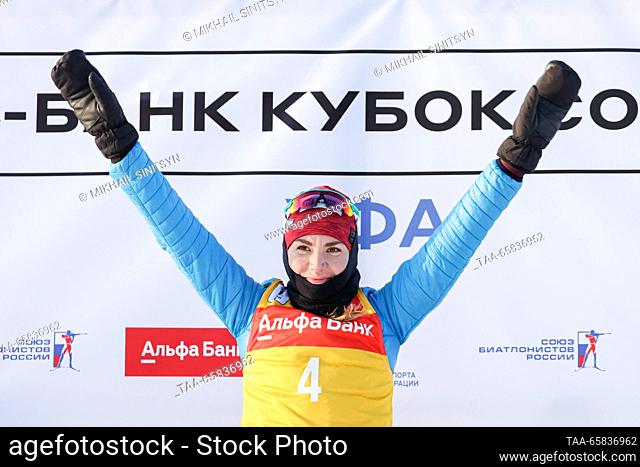 RUSSIA, UFA - DECEMBER 17, 2023: Gold medalist Viktoria Slivko of Russia at an award ceremony for the women's 12.5km mass start in Stage 2 of the 2023/24...