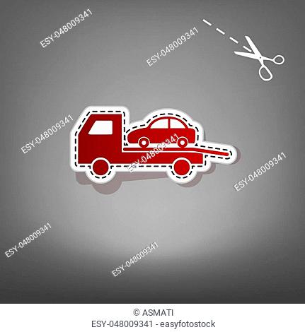 Tow car evacuation sign. Vector. Red icon with for applique from paper with shadow on gray background with scissors