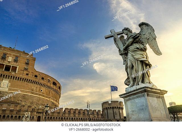 Ponte Sant'Angelo, Rome, Lazio. The statue of the Angel with the cross made by Ercole Ferrata