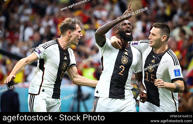 German Antonio Rudiger celebrates during a soccer game between Spain and Germany, in Group E of the FIFA 2022 World Cup in Al Bayt Stadium, Al Khor