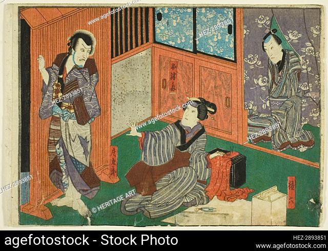 Actors as Genroku, Otsuma, and Shokuro, from an untitled series of half-block.., c. 1851/52. Creator: Utagawa Kunisada