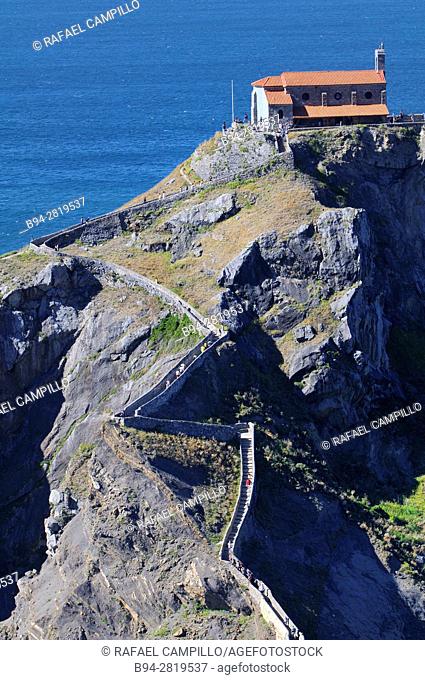 Gaztelugatxe, islet on the coast of Biscay. Connected to the mainland by a man-made bridge. On top of the island stands a hermitage named Gaztelugatxeko Doniene...