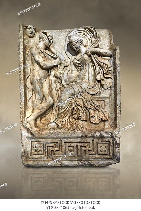 Roman Sebasteion relief sculpture of Anchises and Aphrodite Aphrodisias Museum, Aphrodisias, Turkey. Against an art background.