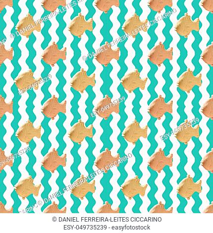 Conversational style marine life seamless pattern design with fishes motif in mixed colors