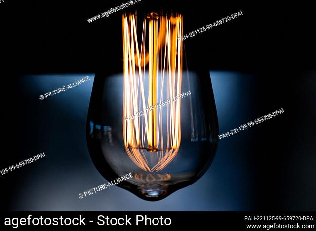 PRODUCTION - 25 November 2022, North Rhine-Westphalia, Cologne: ILLUSTRATION - A lamp lights up in a living room. Many electricity suppliers raise prices