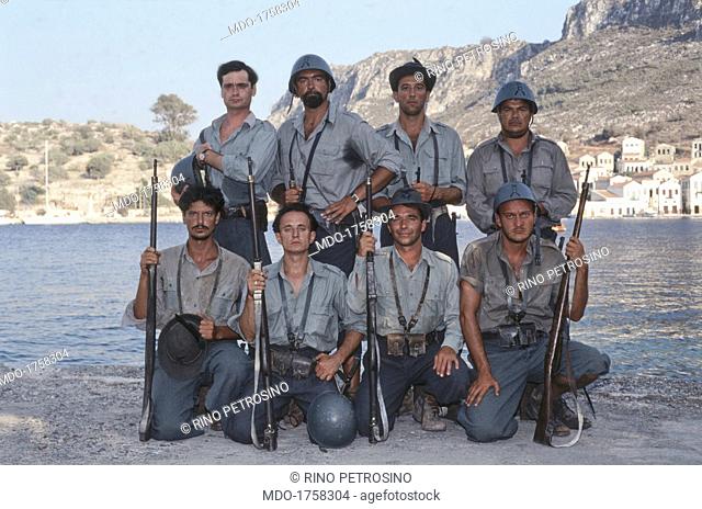 The cast of the film Mediterraneo. Italian actors Claudio Bigagli, Diego Abatantuono, Memo Dini, Ugo Conti, Gigio Alberti (Luigi Alberti), Giuseppe Cederna