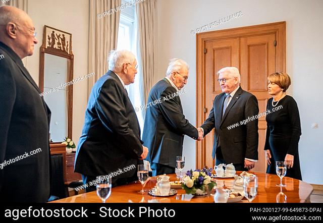27 January 2020, Berlin: Federal President Frank-Walter Steinmeier (2nd from right) and his wife Elke Büdenbender welcome Holocaust survivors Pavel Taussig...