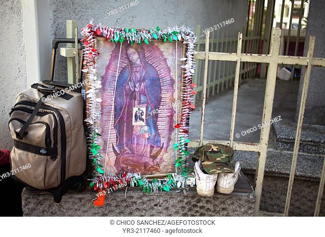 The luggage of a pilgrim at the pilgrimage to Our Lady of Guadalupe Basilica in Mexico City, Mexico, December 10, 2013