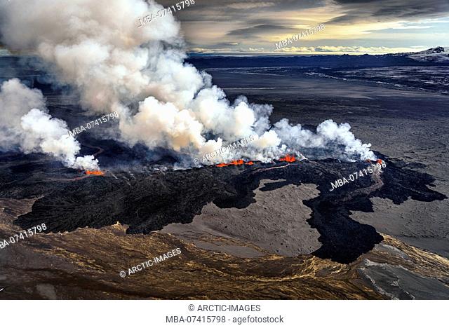 Lava and plumes from the Holuhraun Fissure by the Bardarbunga Volcano, Iceland. Sept. 1, 2014 Aerial view of the eruption at the Holuhraun Fissure by the...