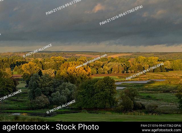 15 October 2021, Brandenburg, Lebus: Dark rain clouds are bathed in a warm light over the landscape on the German-Polish border river Oder by the light of the...