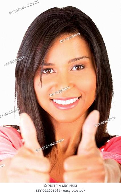 Attractive young student woman gesturing OK