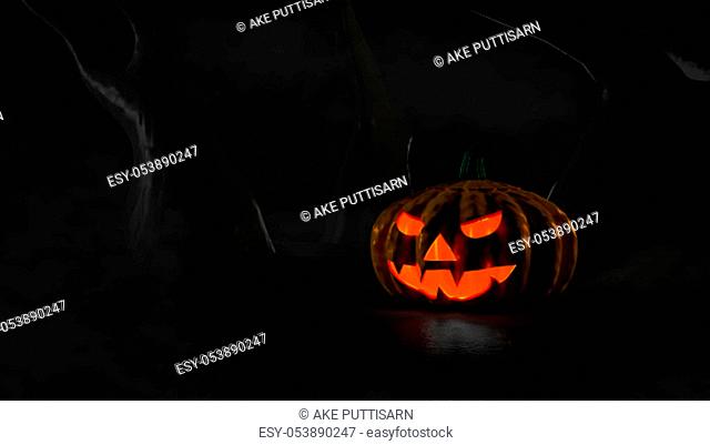 3D illustration, 3D rendering, Devil Pumpkin in the Dark Forest