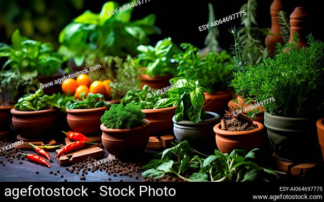 A vibrant array of fresh herbs and spices in small clay pots, adding flavor to dishes